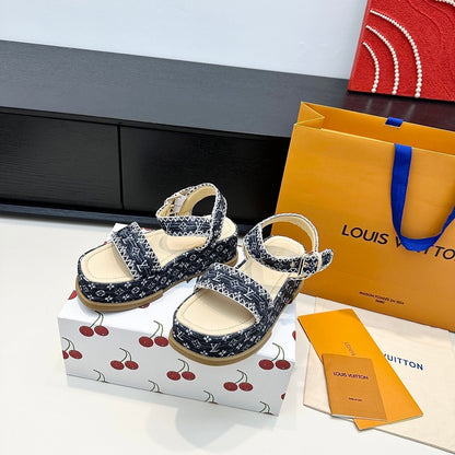 LV Maya Platform Sandals 6cm Blue Denim Beige Cowhide 572500
