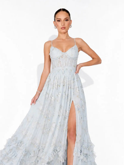 Annabel Ruffled Slit Maxi Dress In Blue