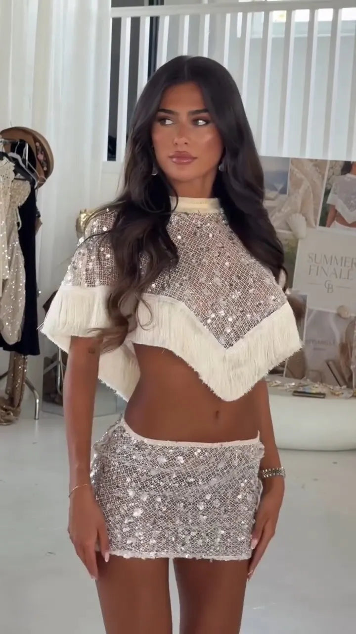 Talia Sequin Mesh Fringe Crop Mini Two-Piece Set