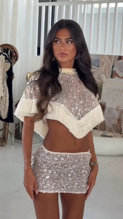 Talia Sequin Mesh Fringe Crop Mini Two-Piece Set