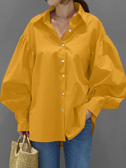Long Sleeves Loose Buttoned Pleated Solid Color Lapel Blouses&Shirts Tops