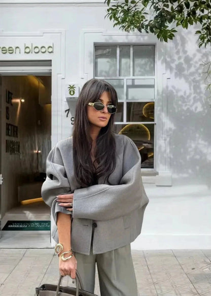 Minimalist V Neck Woolen Coat Wide Silhouette