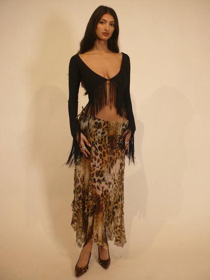 Milana Fringed Top and Leopard Midi Skirt Set