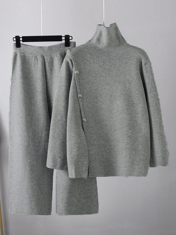 Urban Loose Buttoned Split-Front Solid Color High-Neck Sweater Tops &Wide Leg Pants Two Pieces Set