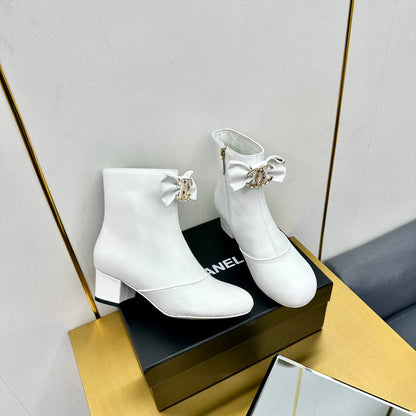 CC Bow-Adorned Rhinestone Boots White Cowhide 564596