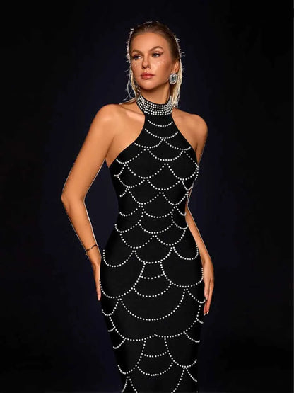 Aida Pearl Chain Web Bandage Maxi Dress