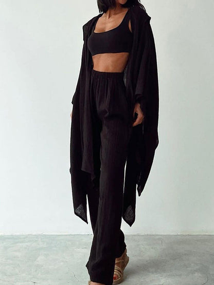 Loose Hooded Solid Color Cardigan Tops&Pants Suits