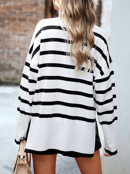 Loose Wrap Contrast Color Split-Side Striped High-Neck Sweater Tops