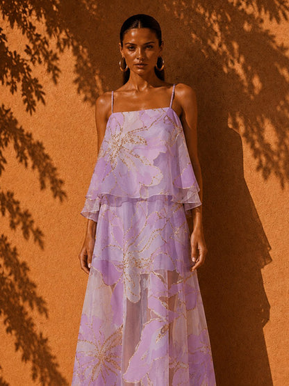 Hannah Printed Mesh Strappy Midi Dress
