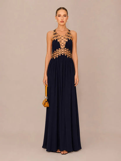 Natalia Handcrafted Deep-V Cut-Out Maxi Dress In Black