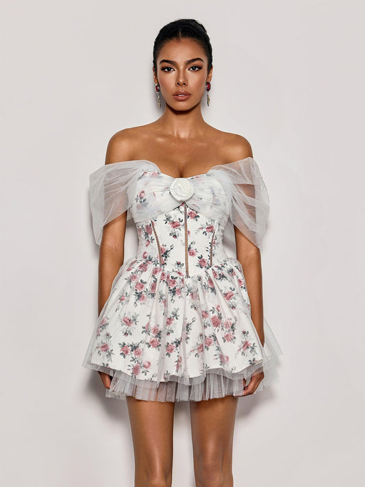 Victoria Off Shoulder Flower Tulle Mini Dress