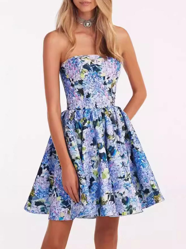 Flower Prinnted Sleeveless Tube A-Line Mini Dresses