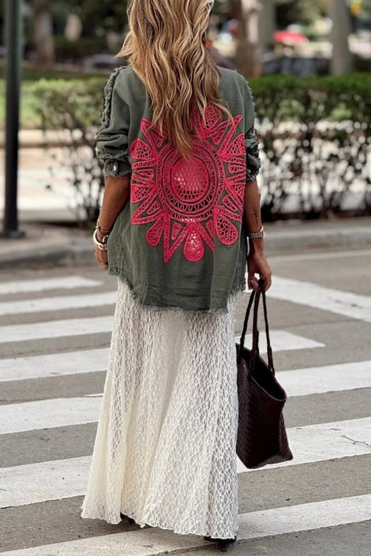 Khaki Green Denim Overshirt with Pink Crochet Mandala