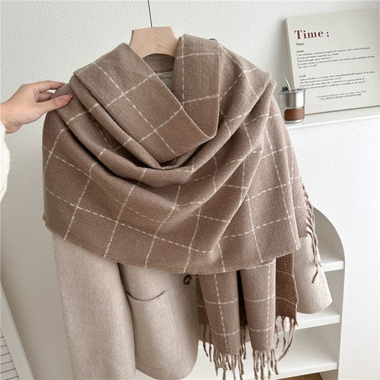 Color Block Plaid Fringe Scarf