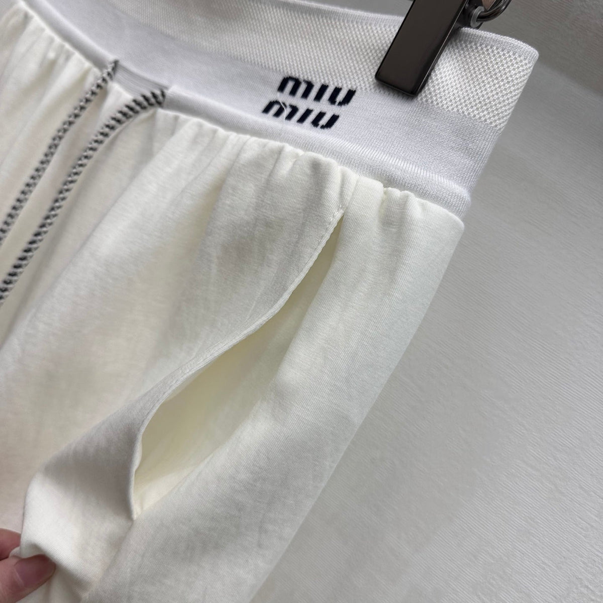 Miu Drawstring Webbing Pants White Tencel Cotton Fabric 350207