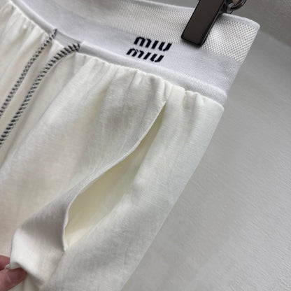 Miu Drawstring Webbing Pants White Tencel Cotton Fabric 350207