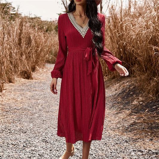 Long Sleeves V-Neck Waist Tied A-Line Midi Dress
