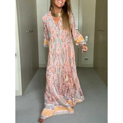 Summer New Bohemian Print V-Neck Fashion Versatile Casual Style Large Swing Long Dress
