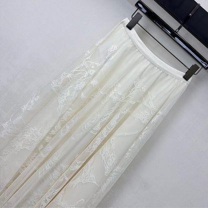 CD Lace Mesh Midi Skirt Ivory Polyester 350177
