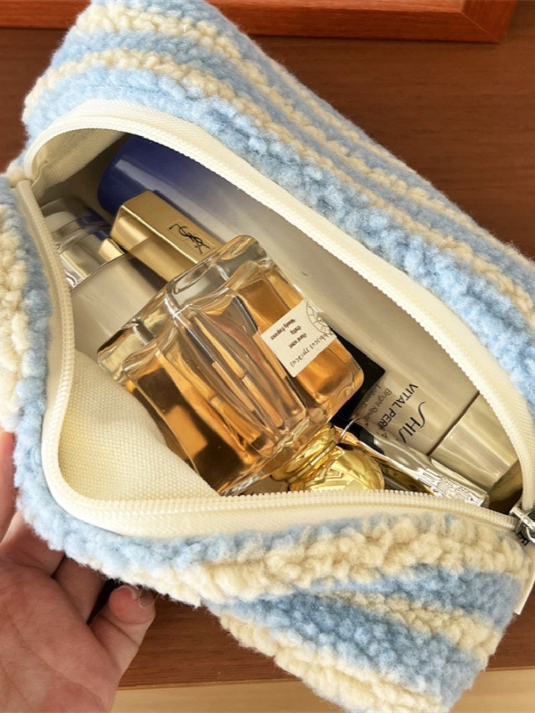 Cosbai - Blue Striped Fleece Makeup Pouch Organizer