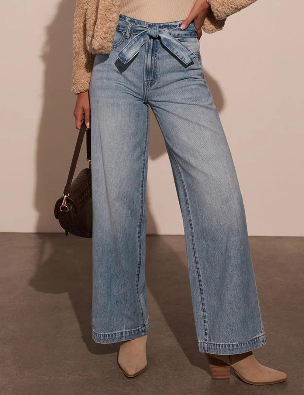 Elegant Tie Front High Waisted Straight Leg Jeans