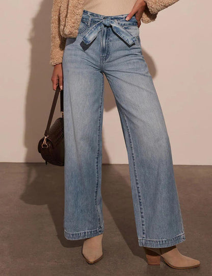 Elegant Tie Front High Waisted Straight Leg Jeans