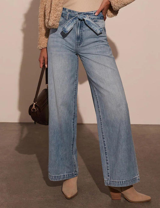 Elegant Tie Front High Waisted Straight Leg Jeans