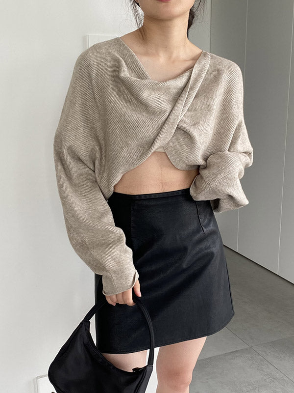 Batwing Sleeves Long Sleeves Knot Solid Color V-Neck Pullovers Sweater Tops
