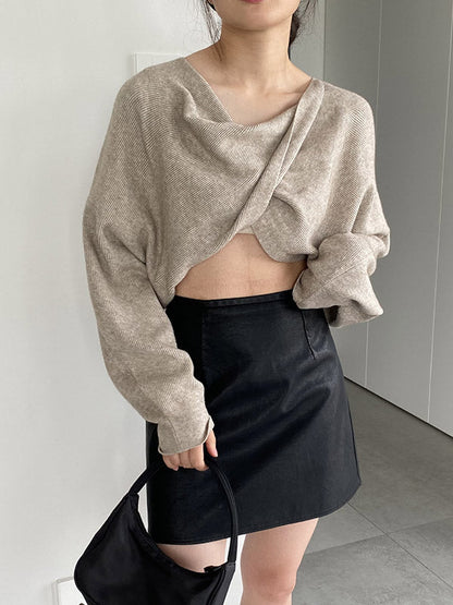 Batwing Sleeves Long Sleeves Knot Solid Color V-Neck Pullovers Sweater Tops