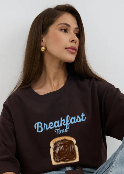 Oversized Cotton Tee With Breakfast Print