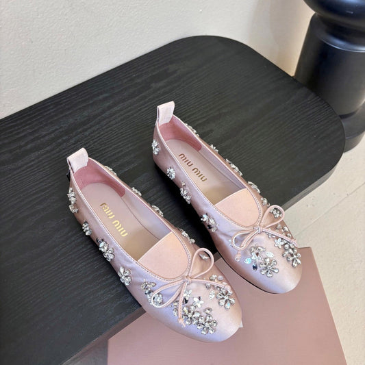 Miu Ballet Flat With Floral Crystal Light Pink Silk