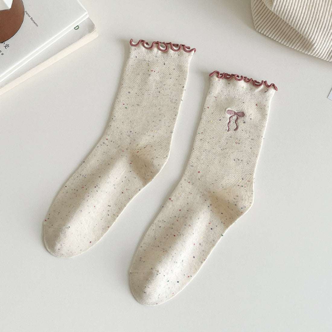 Rufia - Embroidered Bow Mid-Calf Socks