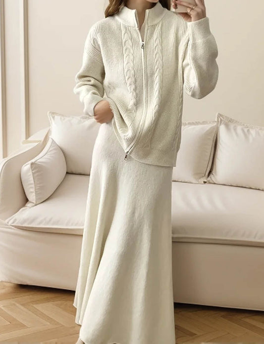 2 Pcs Fall Zip-Up Cardigan Maxi Skirt Set