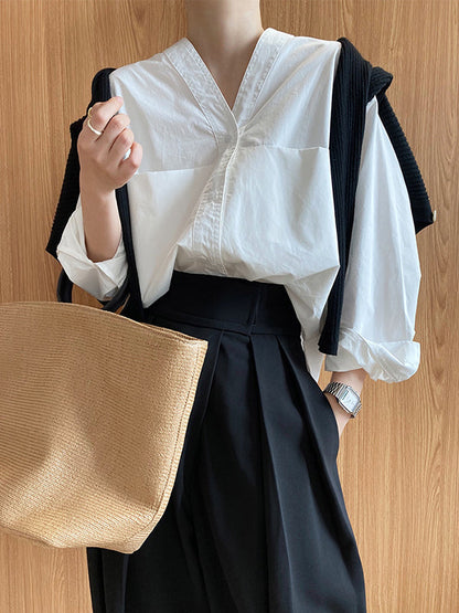 Long Sleeves Loose Buttoned Solid Color Split-Joint V-Neck Blouses&Shirts Tops