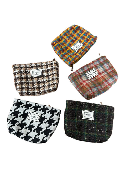 Cosbai - Vintage Plaid Cosmetic Pouch &amp; Coin Purse