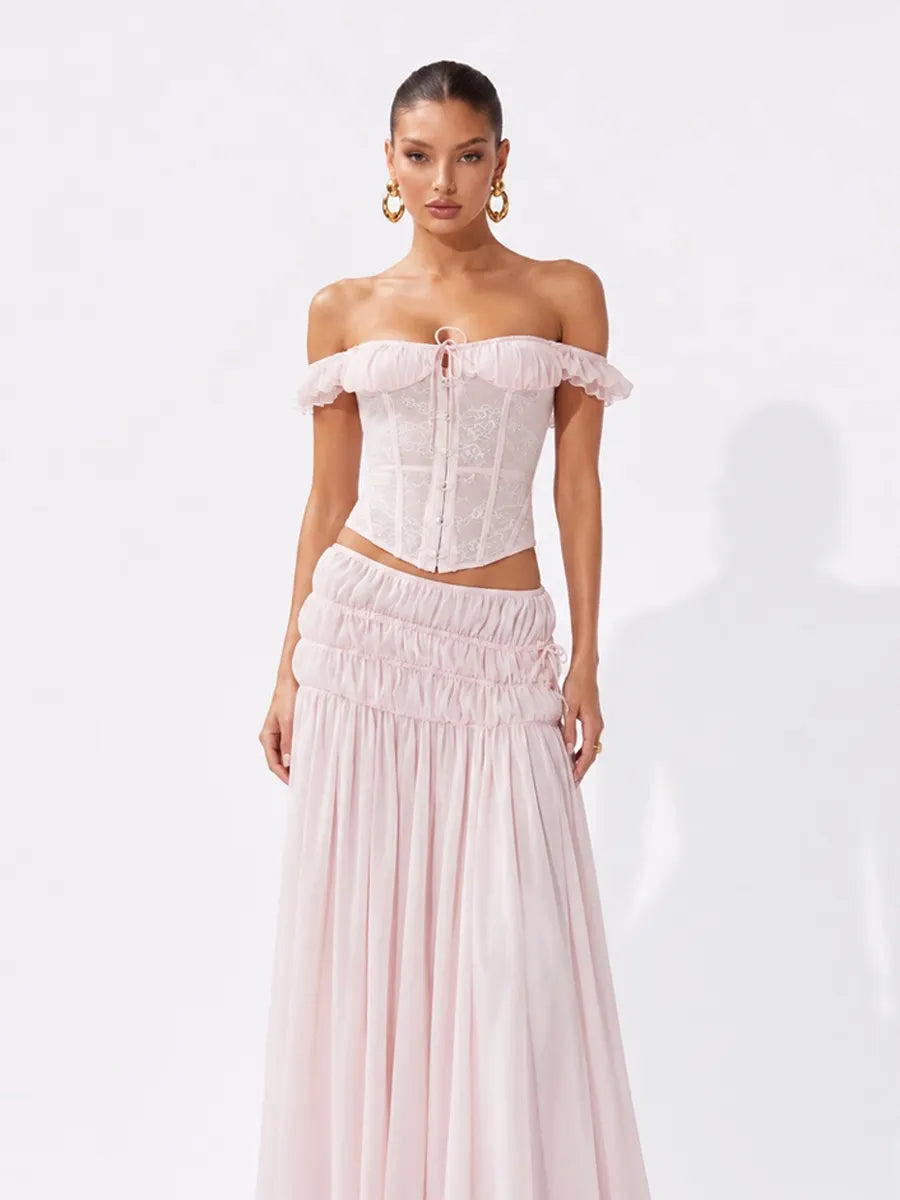 Rebecca Lace Off-Shoulder Top and Pleated Maxi Skirt Set