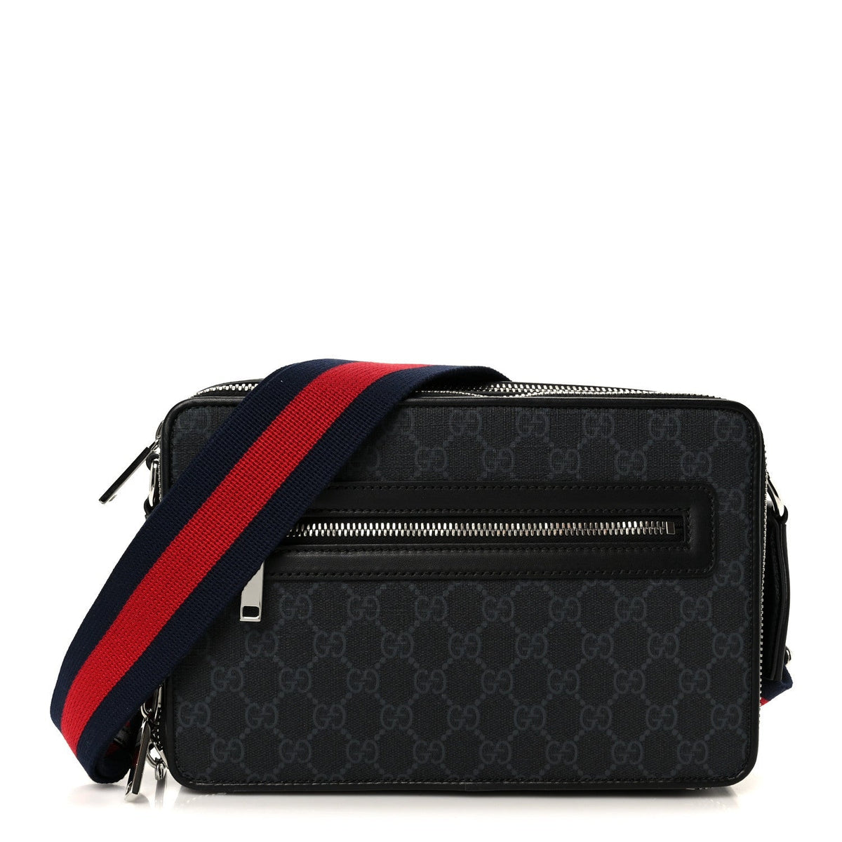 GG Supreme Monogram Calfskin Web Medium Messenger Bag Black Grey