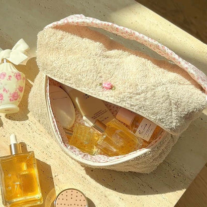 Soft Plush Cute Bow Print Cosmetic Bag