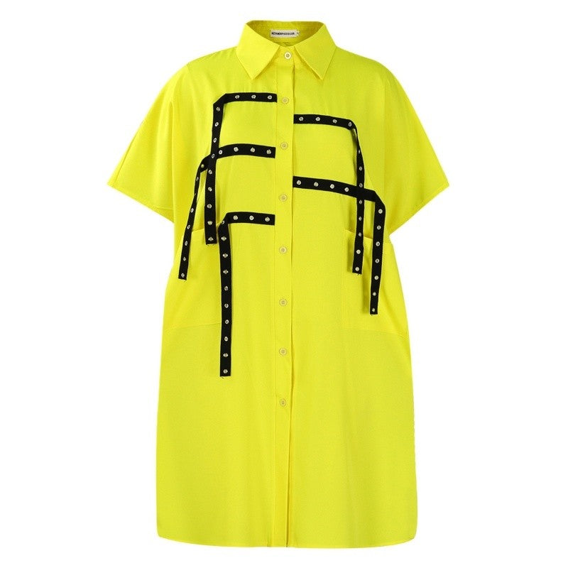 Loose Collar Short Sleeve Midi Shirt Dress