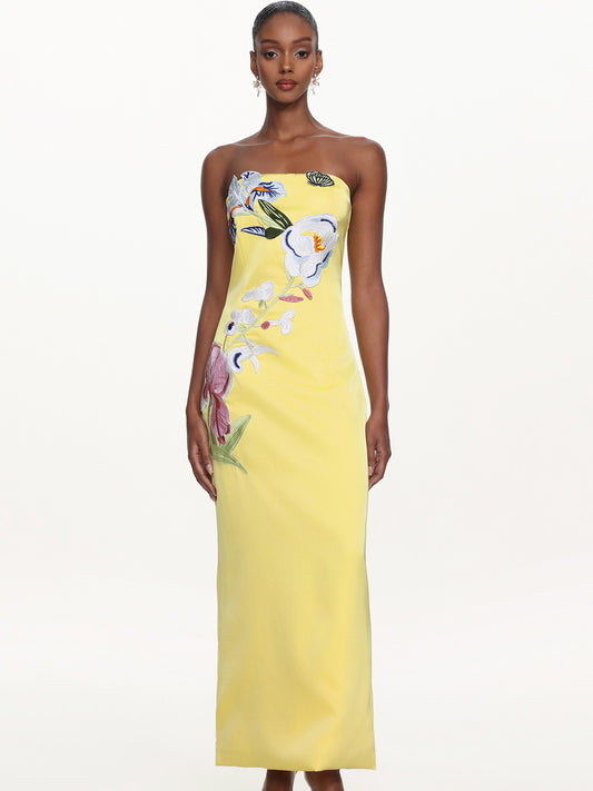 Jocelyn Strapless Floral Embroidered Maxi Dress