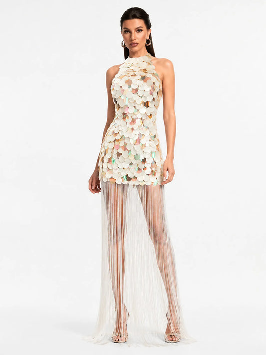 Nora Sleeveless Sequin Fringe Maxi Dress