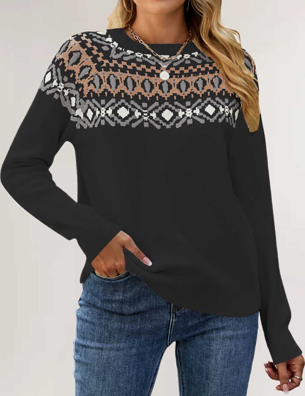 Vintage Jacquard Round Neck Pullover Knit Sweater