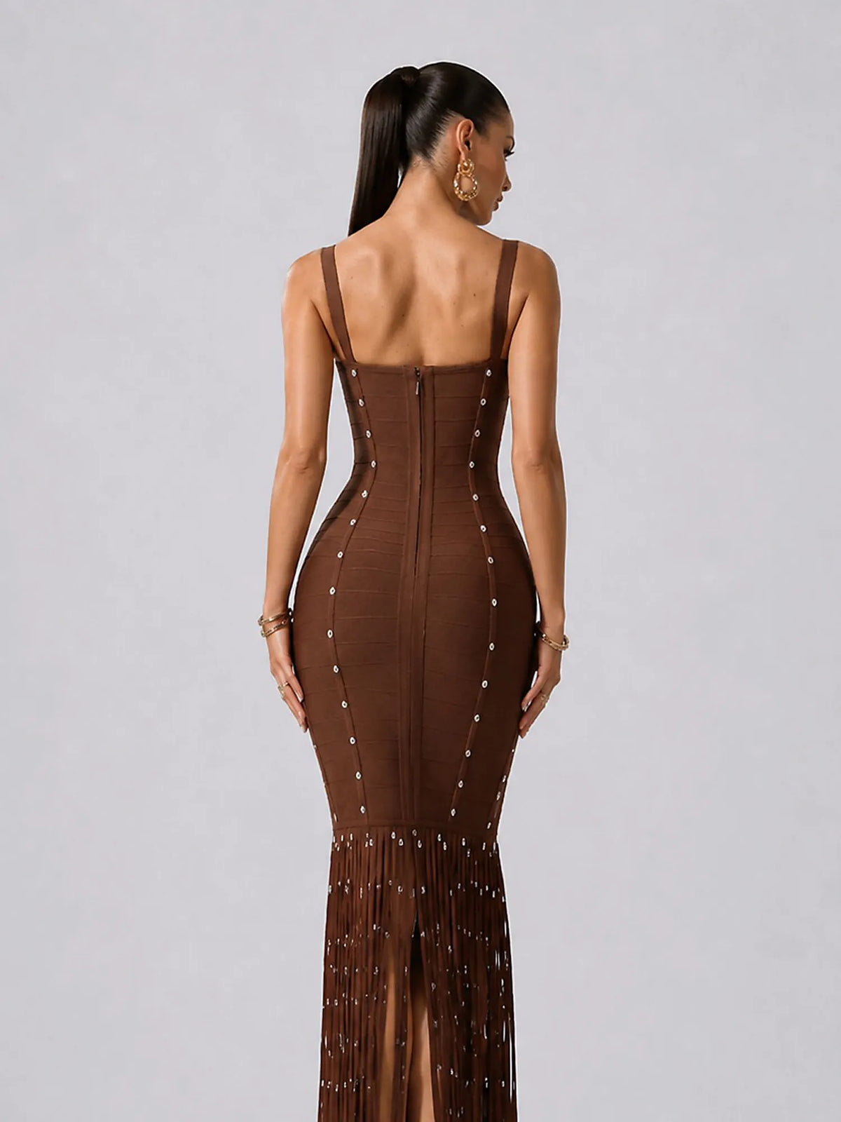 Raquel Sleeveless Diamond Tassel Bandage Brown Maxi Dress