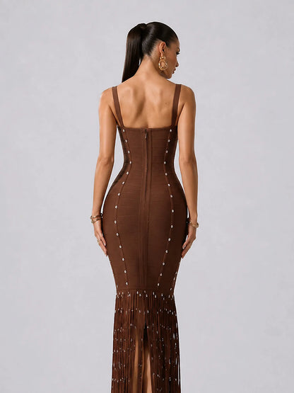 Raquel Sleeveless Diamond Tassel Bandage Brown Maxi Dress