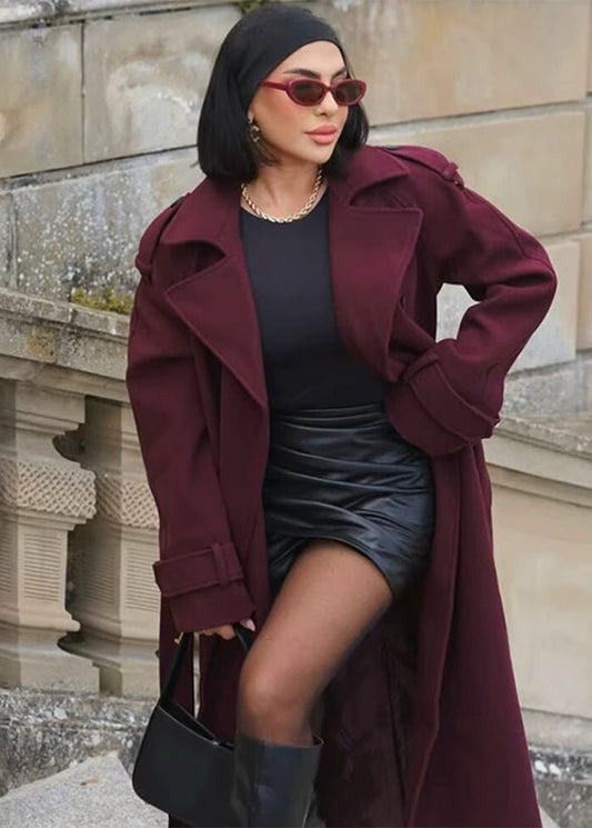 Double Breasted Belted Trench Coat Burgundy Fabric