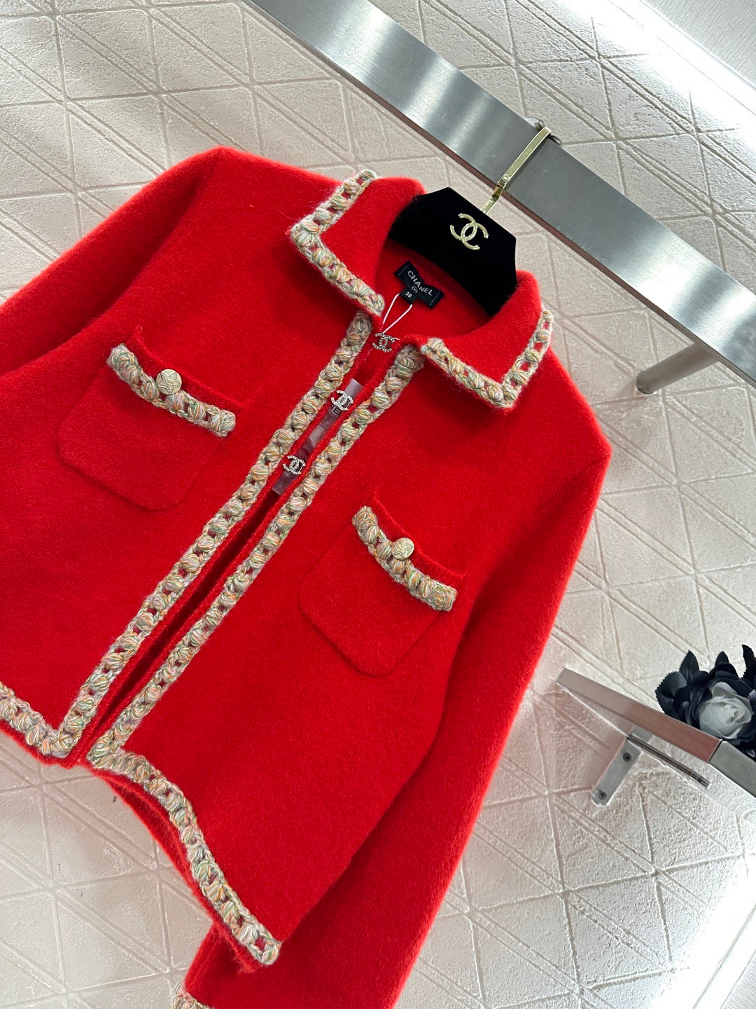 Chanel 25 Knitted Cardigan with Contrasting Trim Red in Wool 801436