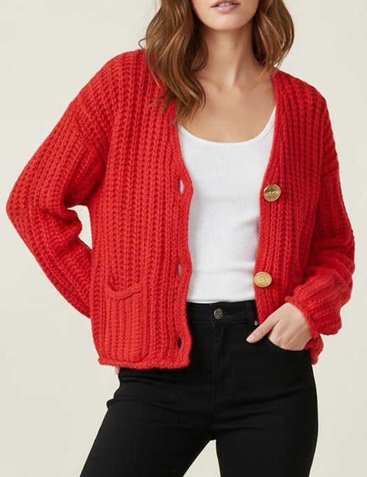 Chunky Knit V-Neck Button Down Crop Cardigan