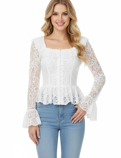 Elegant Square Neck Long Sleeve Lace Blouse