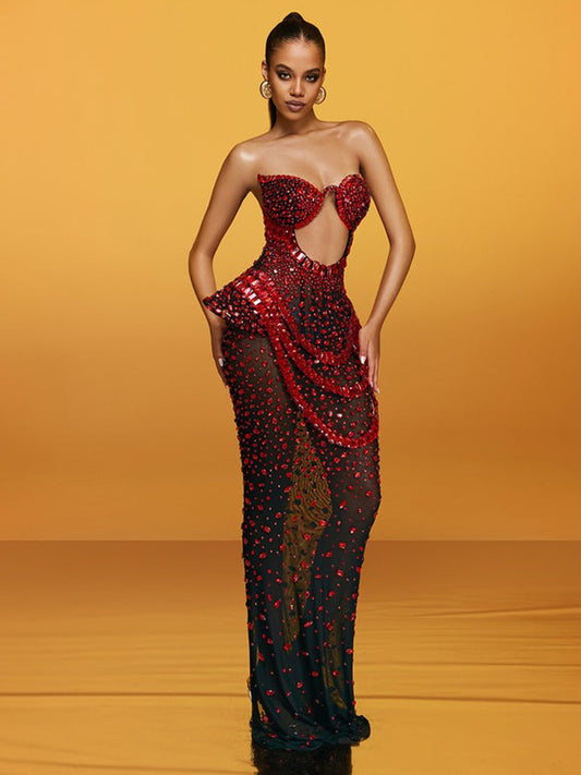 Mireia Strapless Cutout Crystal Maxi Dress