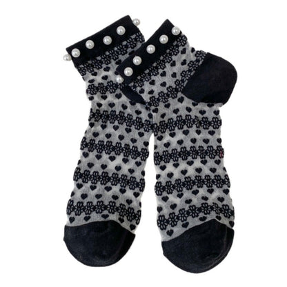 Rufia - Delicate Lace Ankle Socks with White Beads